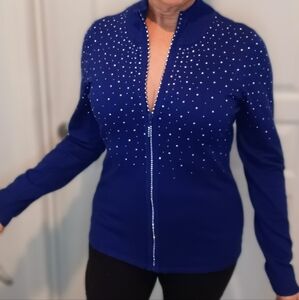 Electric Blue Zip-Up Sweater with Rhinestones & Rhinestone Zipper Pull